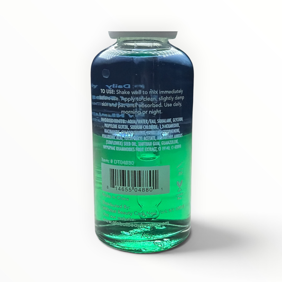 Parte posterior del frasco de MTP Commerce GlobalBeautyCare suero facial hidratante con lista de ingredientes