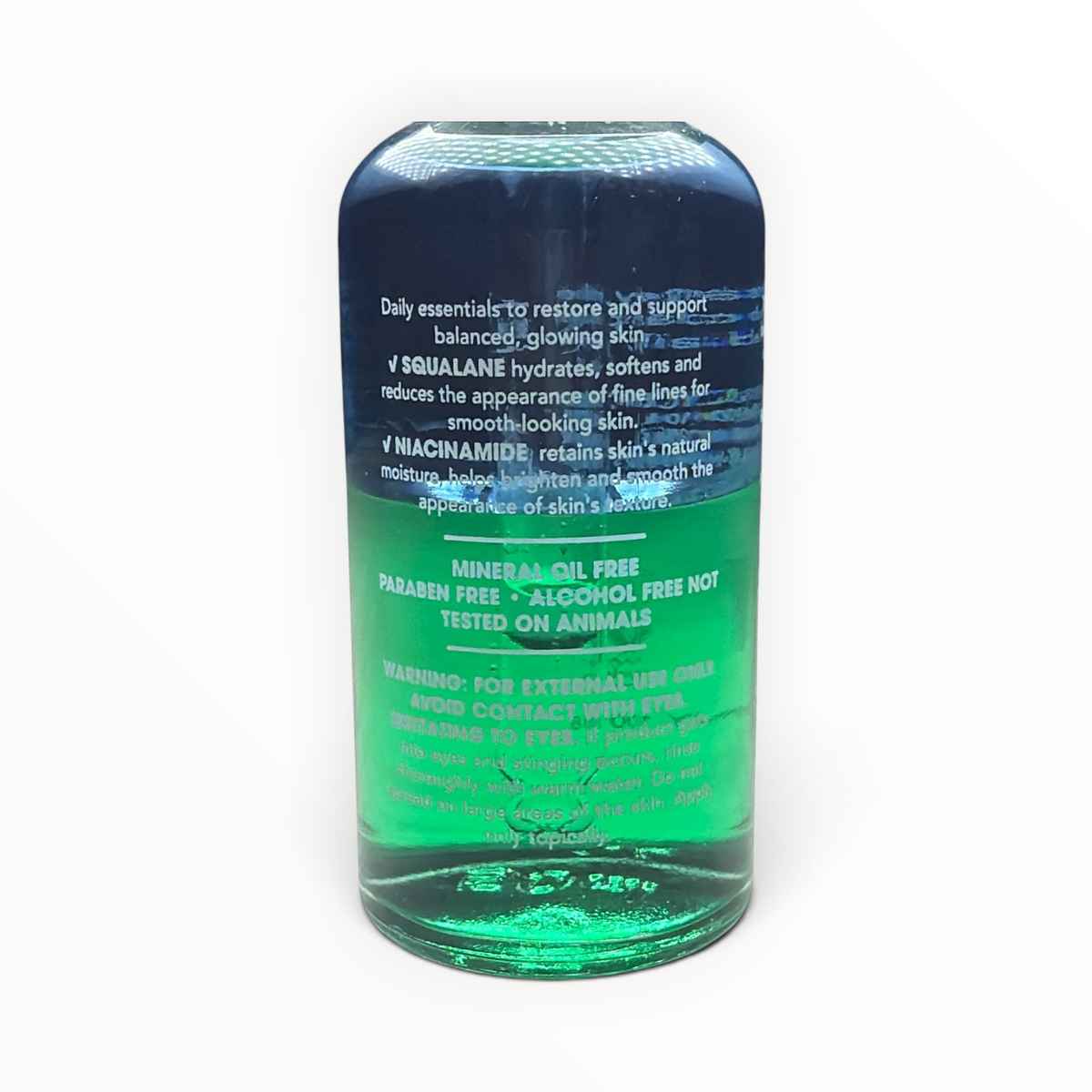 Frasco de suero facial MTP Commerce con ingredientes de escualano y niacinamida para hidratación y brillo