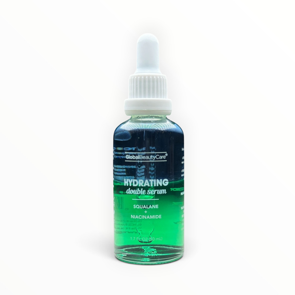 Suero facial hidratante MTP Commerce GlobalBeautyCare con escualano y niacinamida en frasco de vidrio verde