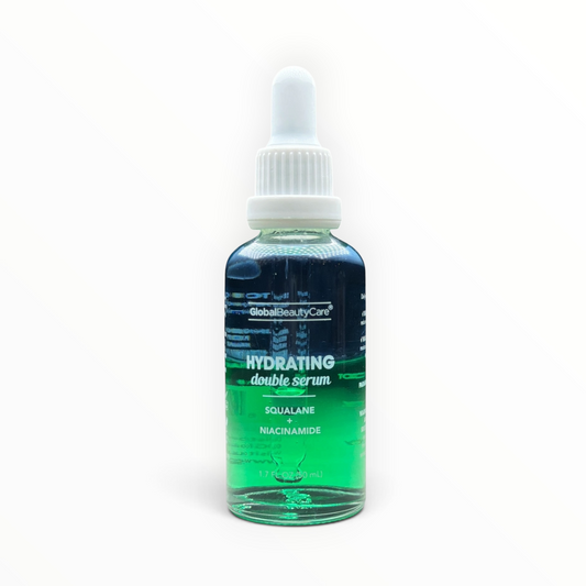 Suero facial hidratante MTP Commerce GlobalBeautyCare con escualano y niacinamida en frasco de vidrio verde