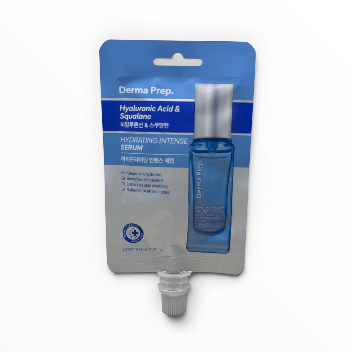 Suero hidratante Derma Prep con ácido hialurónico y escualano en empaque azul de MTP Commerce