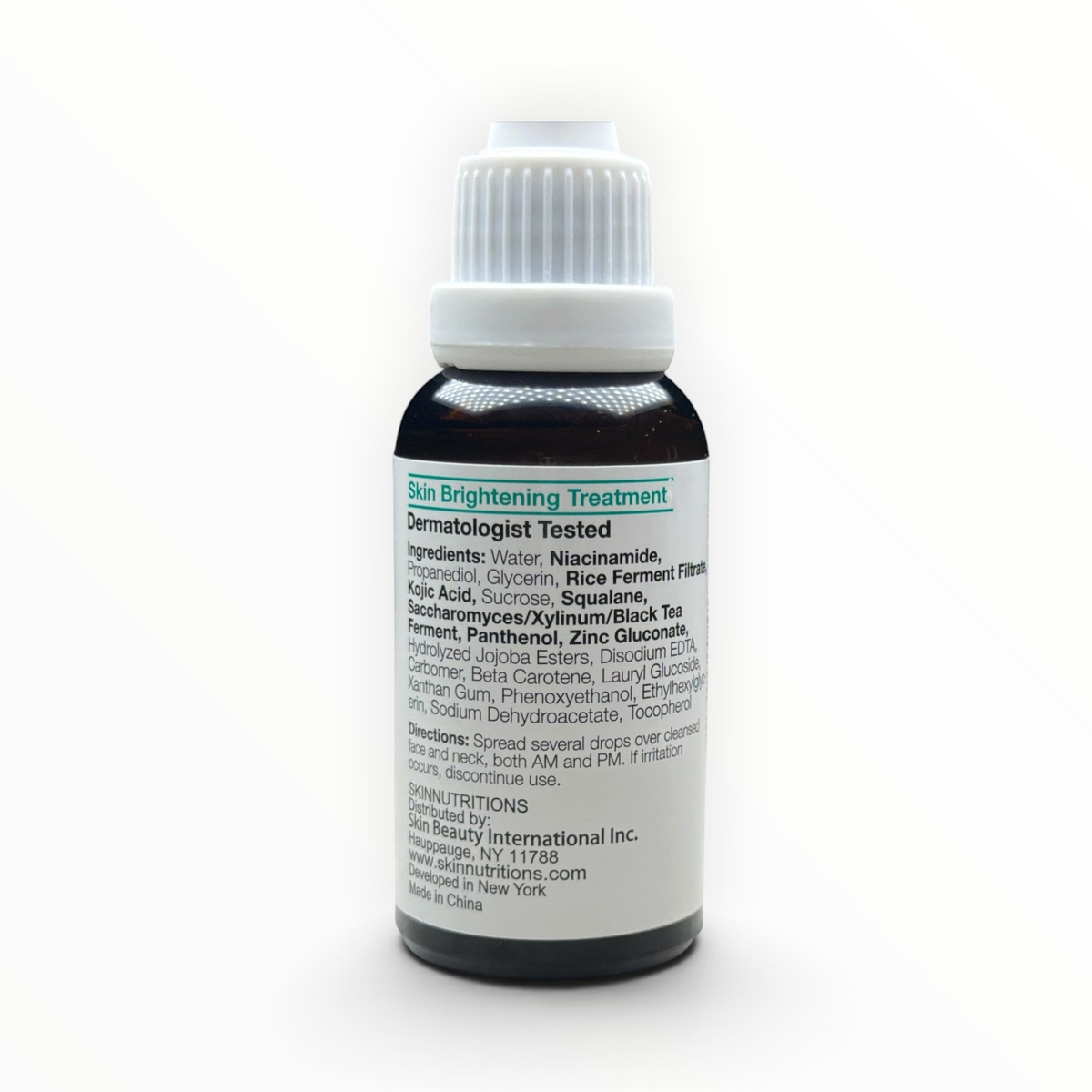 Etiqueta trasera del suero facial MTP Commerce Skin Nutrition Botanicals con lista de ingredientes y direcciones