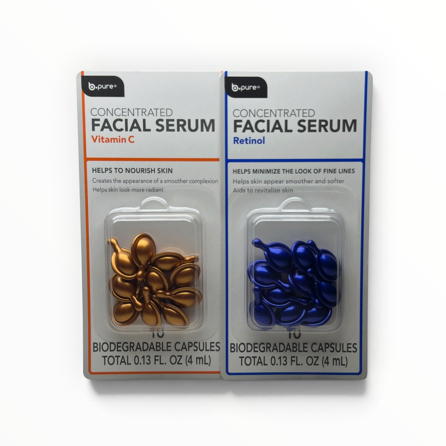 Set de sueros faciales MTP Commerce b.pure con cápsulas biodegradables de Vitamina C naranja y Retinol azul