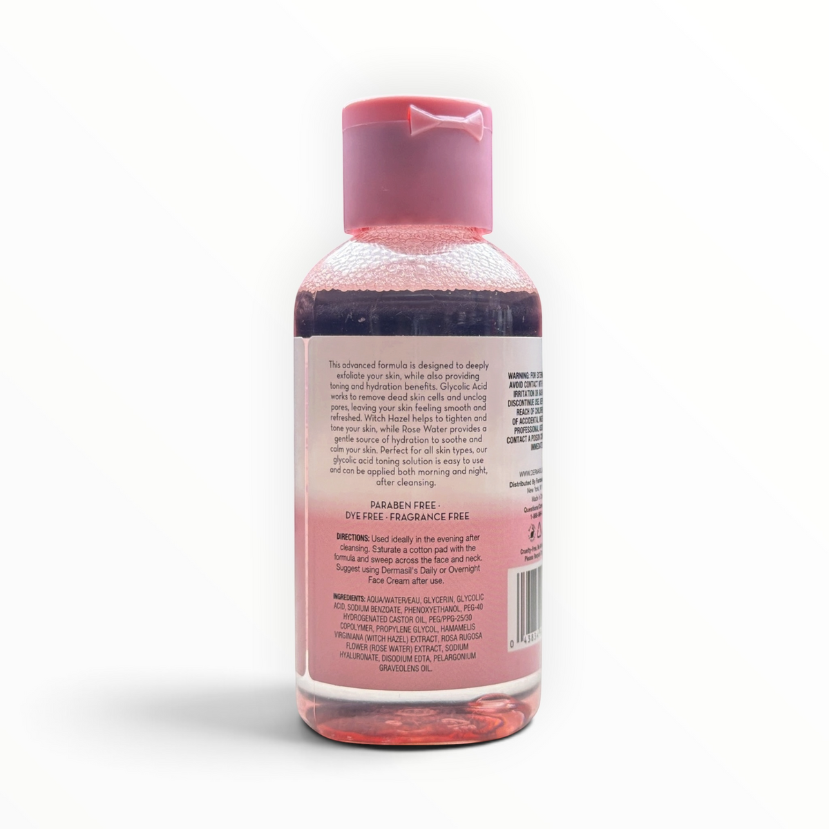 Parte posterior de la botella de MTP Commerce Dermasil LABS AHA Glycolic Acid Toning Solution con lista de ingredientes