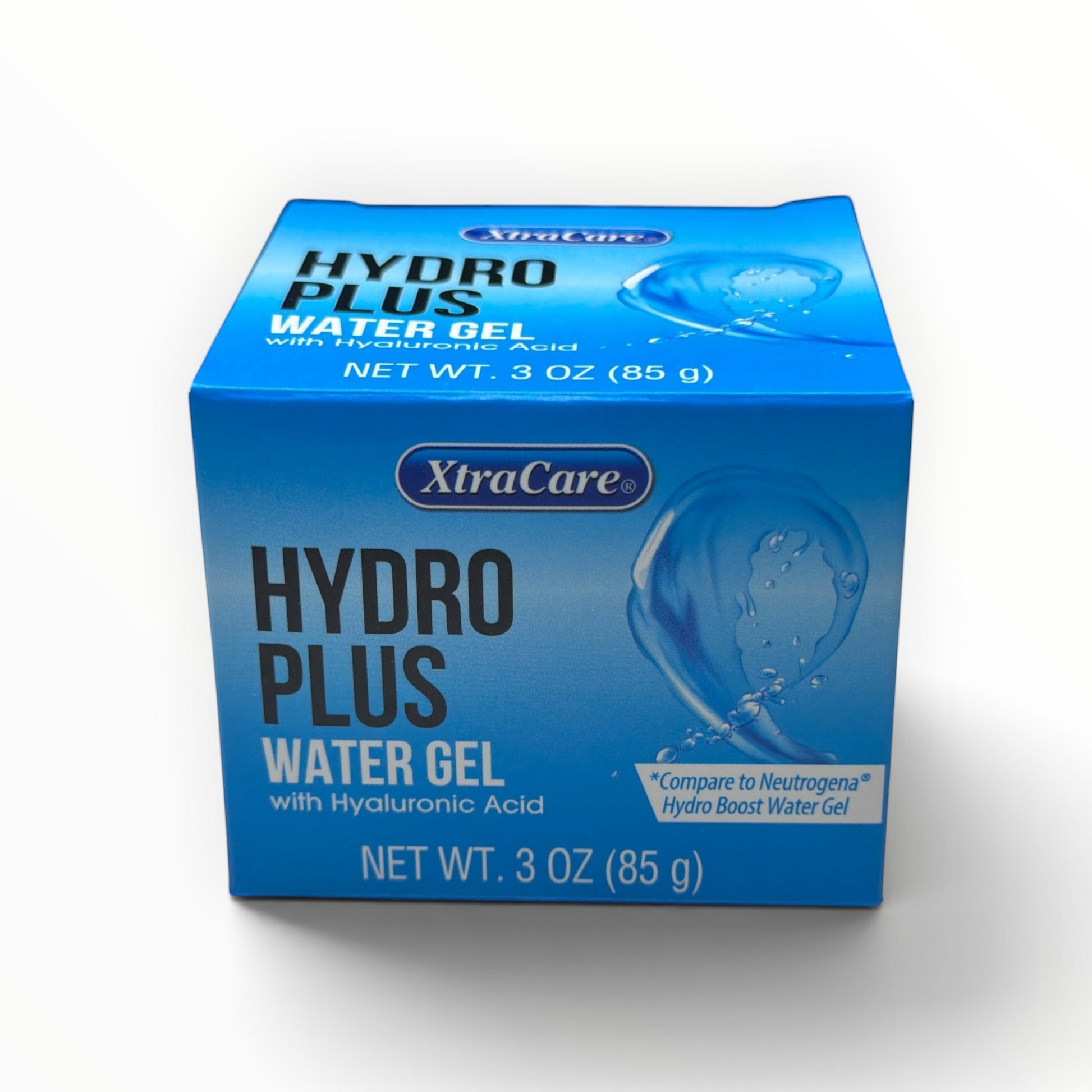 Caja azul de MTP Commerce XtraCare Hydro Plus, gel hidratante facial con ácido hialurónico de 85 gramos.